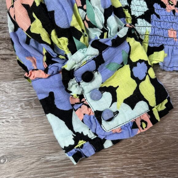 Free People Floral Smocked Puff Sleeve Top Multicolor Boho M - Picture 4 of 9